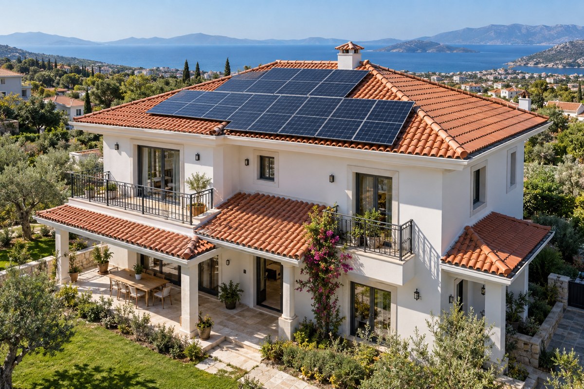 Çatısında güneş panelleri bulunan villa; temsili görsel